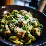 A bowl of Chicken Pesto Pasta, garnished with parmesan cheese and fresh parsley.