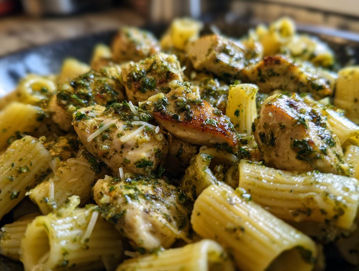 Close-up of Chicken Pesto Pasta featuring rigatoni, grilled chicken, and pesto sauce.