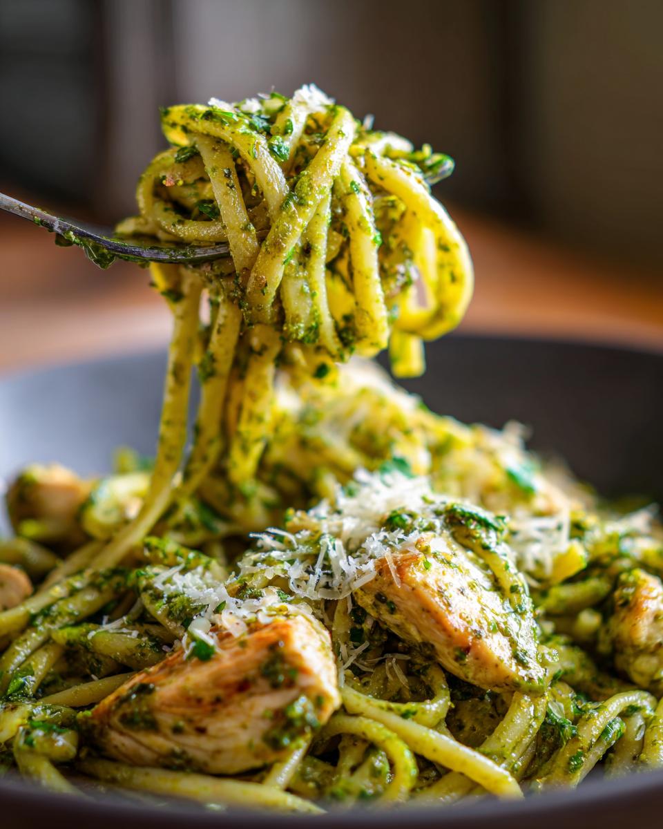 A fork lifting Chicken Pesto Pasta, showing noodles, grilled chicken, pesto sauce, and parmesan cheese.