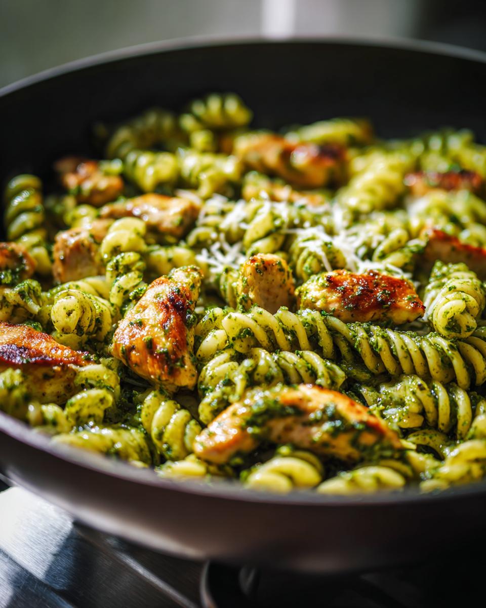 Close-up of Chicken Pesto Pasta with spiral pasta, grilled chicken, and pesto sauce in a pan.
