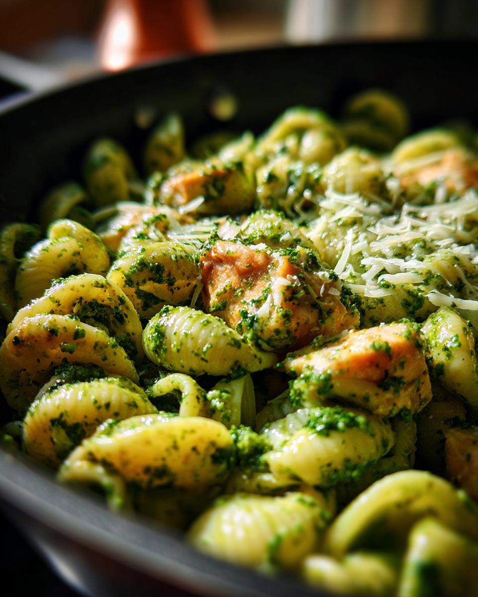 Close-up of Chicken Pesto Pasta with shell pasta, chicken pieces, pesto sauce, and cheese in a pan.