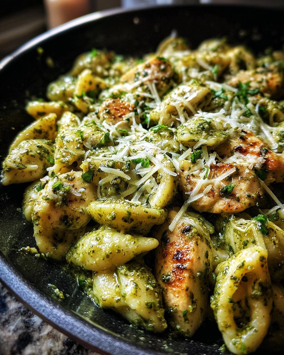 Close-up of Chicken Pesto Pasta with grilled chicken, pasta, pesto sauce, and parmesan cheese.