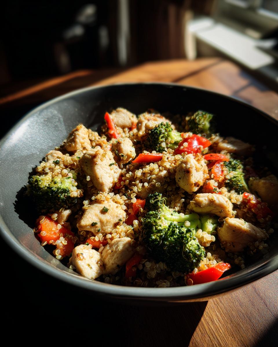 Chicken and quinoa bowl with broccoli and red peppers, ideal for Simple Weekly Lunch Meal Prep.