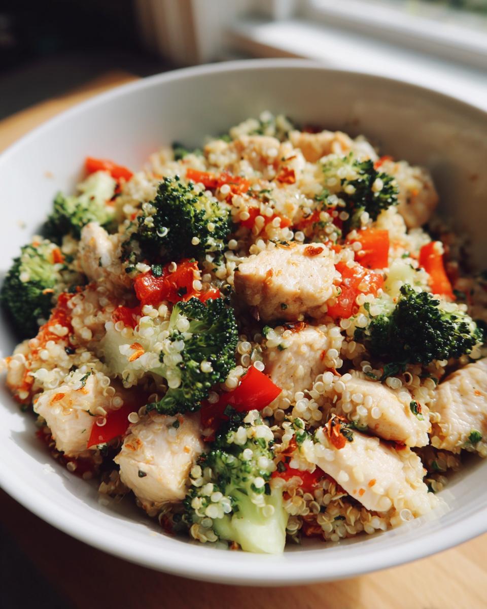 A vibrant chicken and quinoa bowl with broccoli and red bell peppers, perfect for Simple Weekly Lunch Meal Prep.