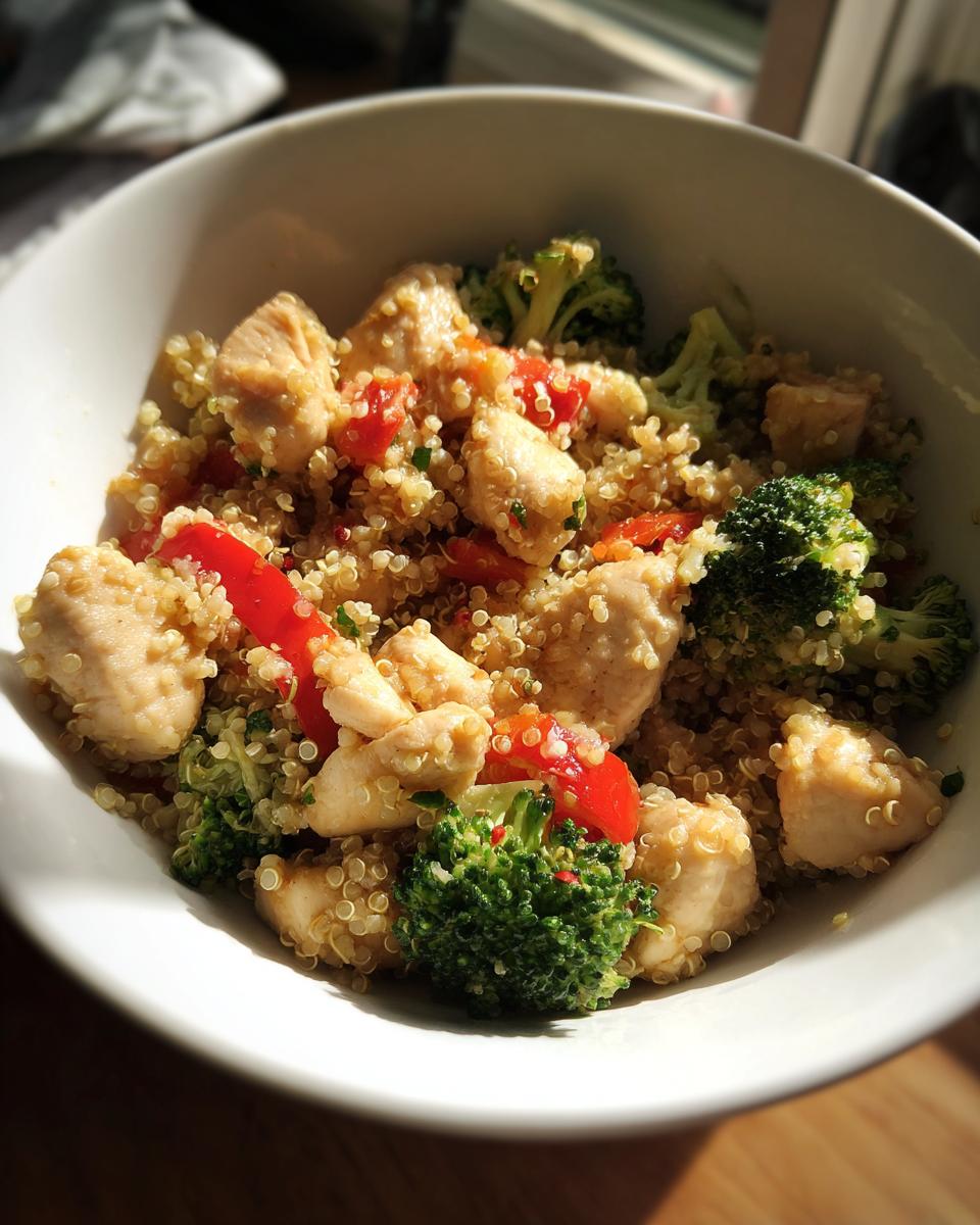 Bowl of chicken quinoa with broccoli and red peppers, a simple weekly lunch meal prep option.