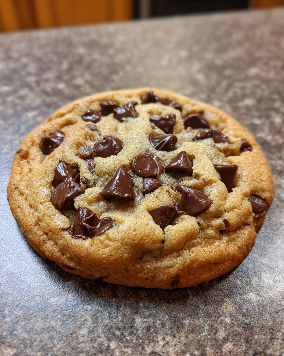 A single, delicious Chocolate Chip Cookie on a countertop, showcasing its golden-brown color and melted chocolate chips.