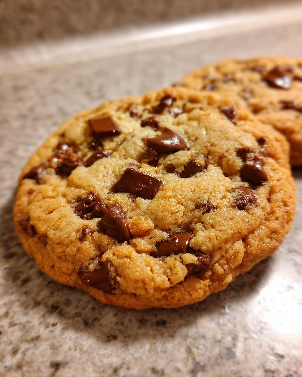 Close-up of two freshly baked Chocolate Chip Cookies Recipe on a countertop.