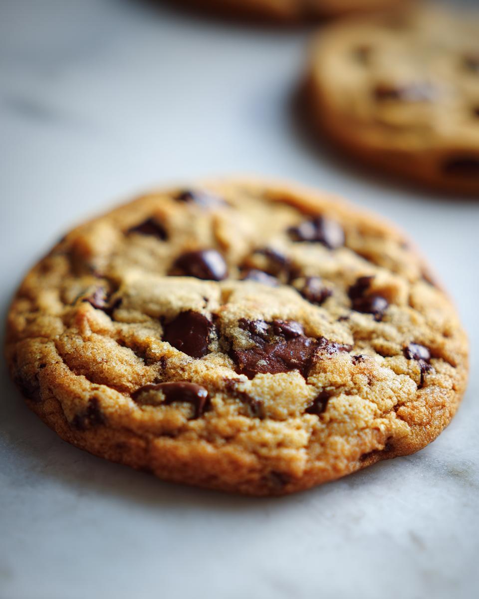Close-up of a freshly baked Chocolate Chip Cookies Recipe, showing melted chocolate and golden-brown edges.