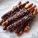 A pile of Simple Chocolate-Dipped Pretzels covered in colorful sprinkles on a white marble surface.