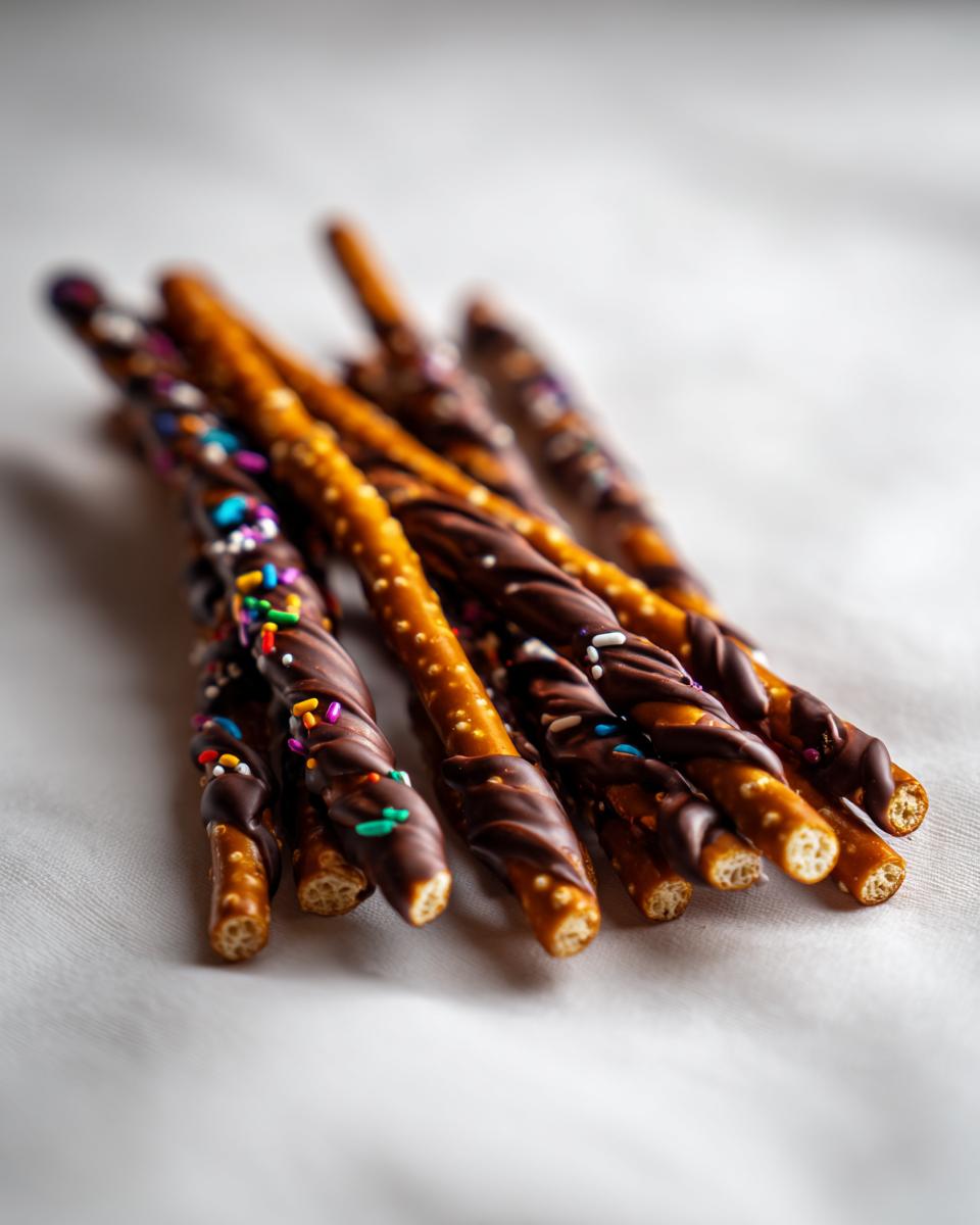 A bunch of Simple Chocolate-Dipped Pretzels, some decorated with colorful sprinkles, arranged on a white surface.