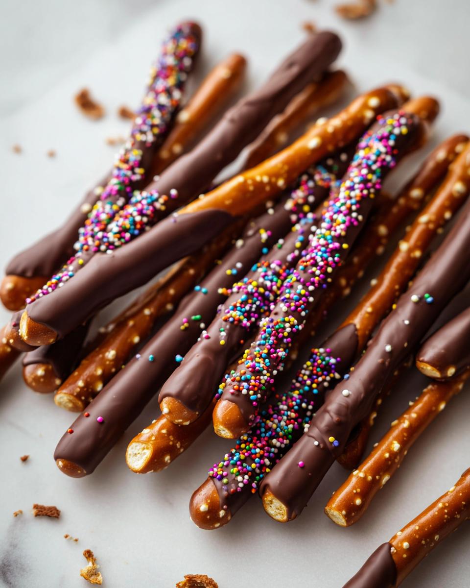 A pile of Simple Chocolate-Dipped Pretzels, some covered in colorful sprinkles, on a white surface.