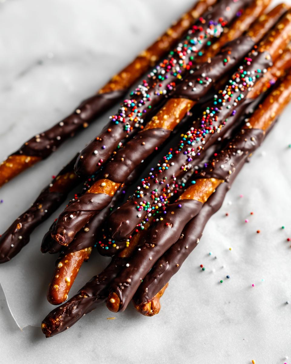 A close-up of several Simple Chocolate-Dipped Pretzels covered in colorful sprinkles.