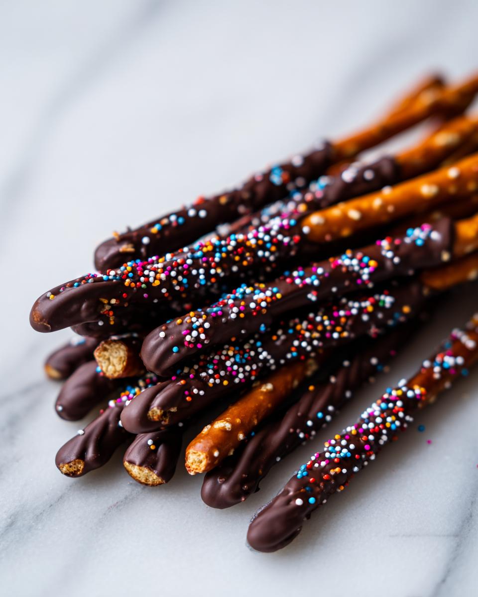 A pile of simple chocolate-dipped pretzels, some covered in colorful sprinkles, on a marble surface.