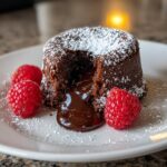 A decadent Chocolate Lava Cake oozing molten chocolate, dusted with powdered sugar and garnished with fresh raspberries.