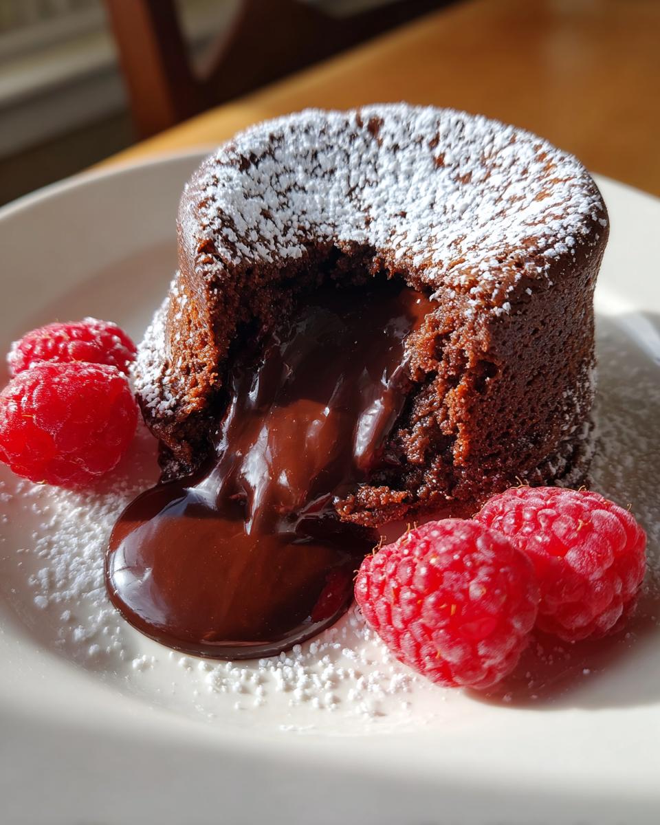 A decadent Chocolate Lava Cake, dusted with powdered sugar and garnished with fresh raspberries, oozing melted chocolate.