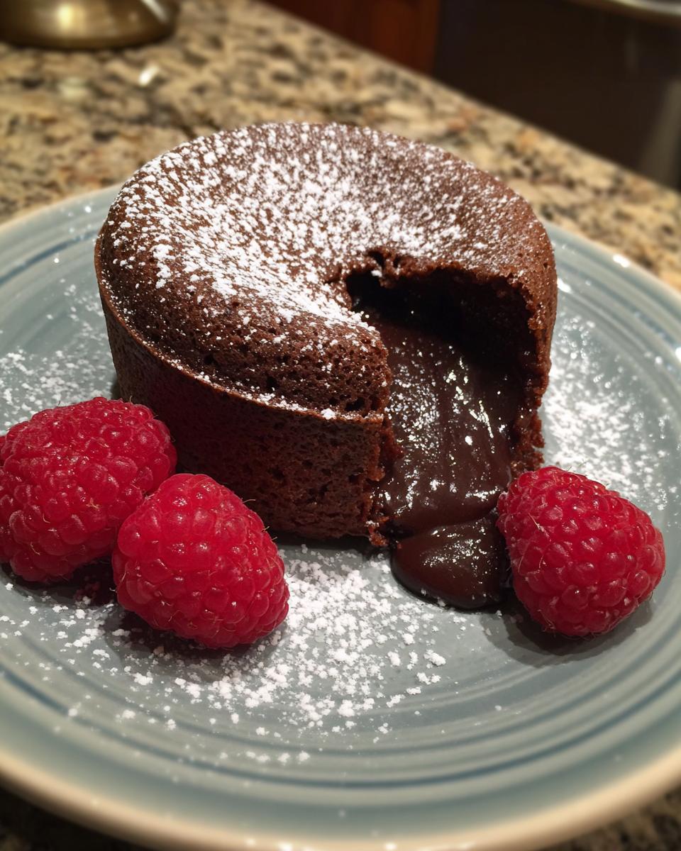 A decadent Chocolate Lava Cake with a molten center, dusted with powdered sugar and garnished with fresh raspberries.
