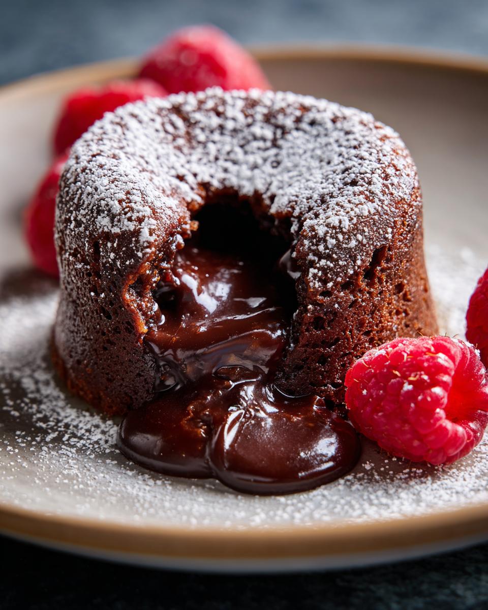 A decadent chocolate lava cake, dusted with powdered sugar and served with fresh raspberries.