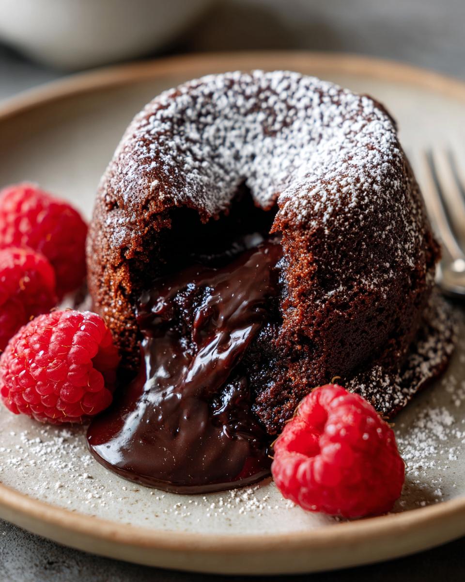 A decadent Chocolate Lava Cake oozing molten chocolate, dusted with powdered sugar and garnished with fresh raspberries.
