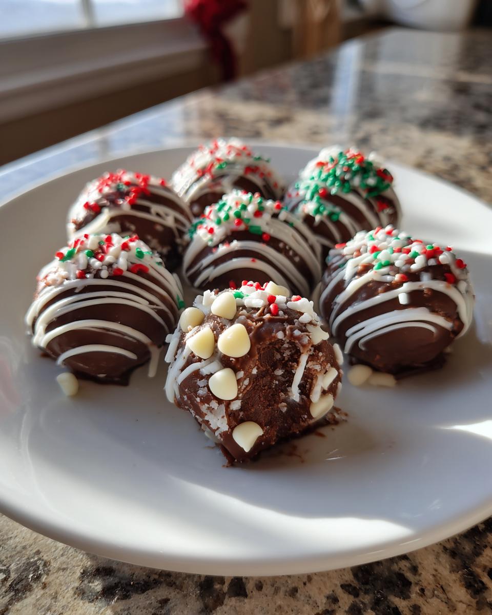 A plate of festive Christmas Cookie Dough Truffles, decorated with sprinkles and white chocolate drizzle.