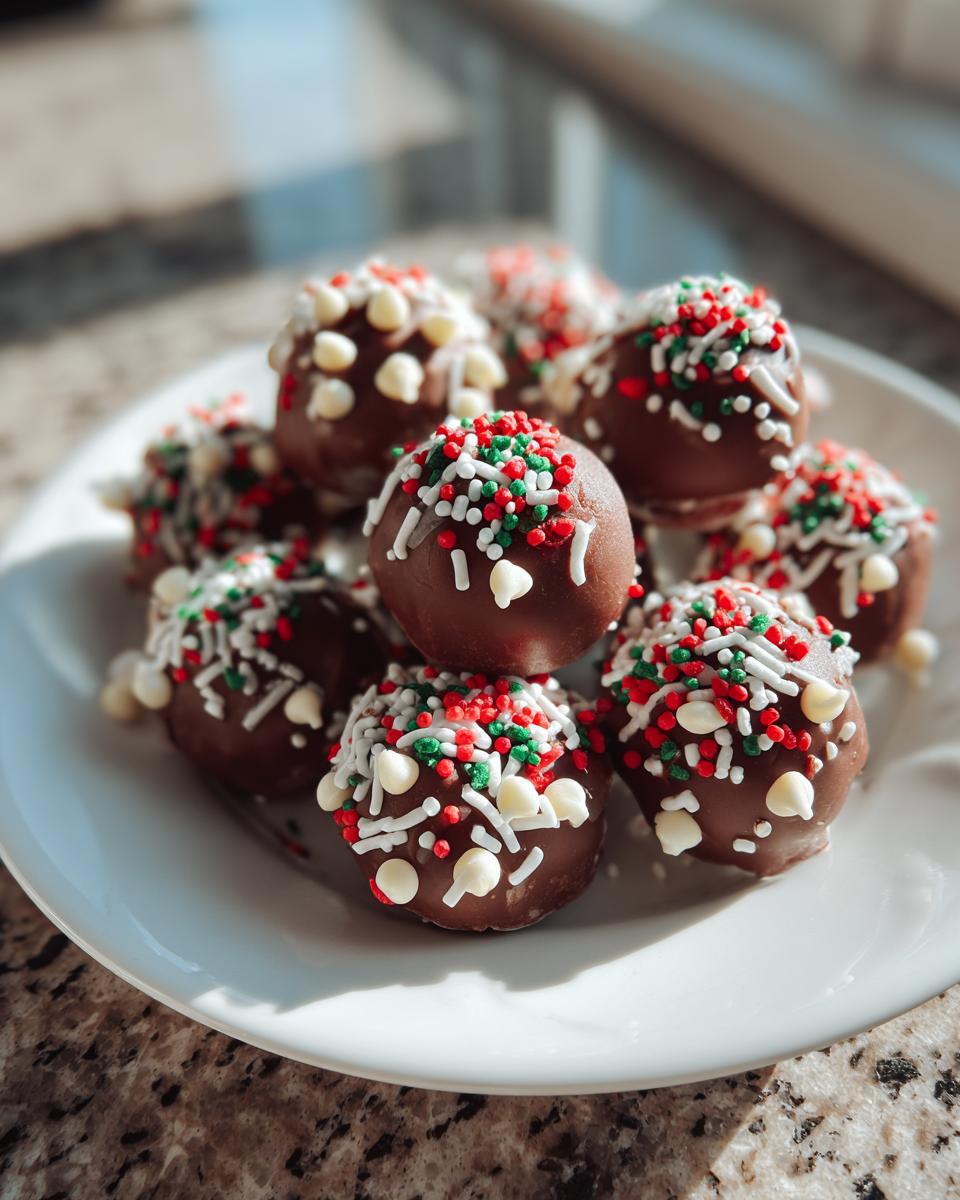A plate of homemade Christmas Cookie Dough Truffles, decorated with colorful sprinkles and white chocolate chips.