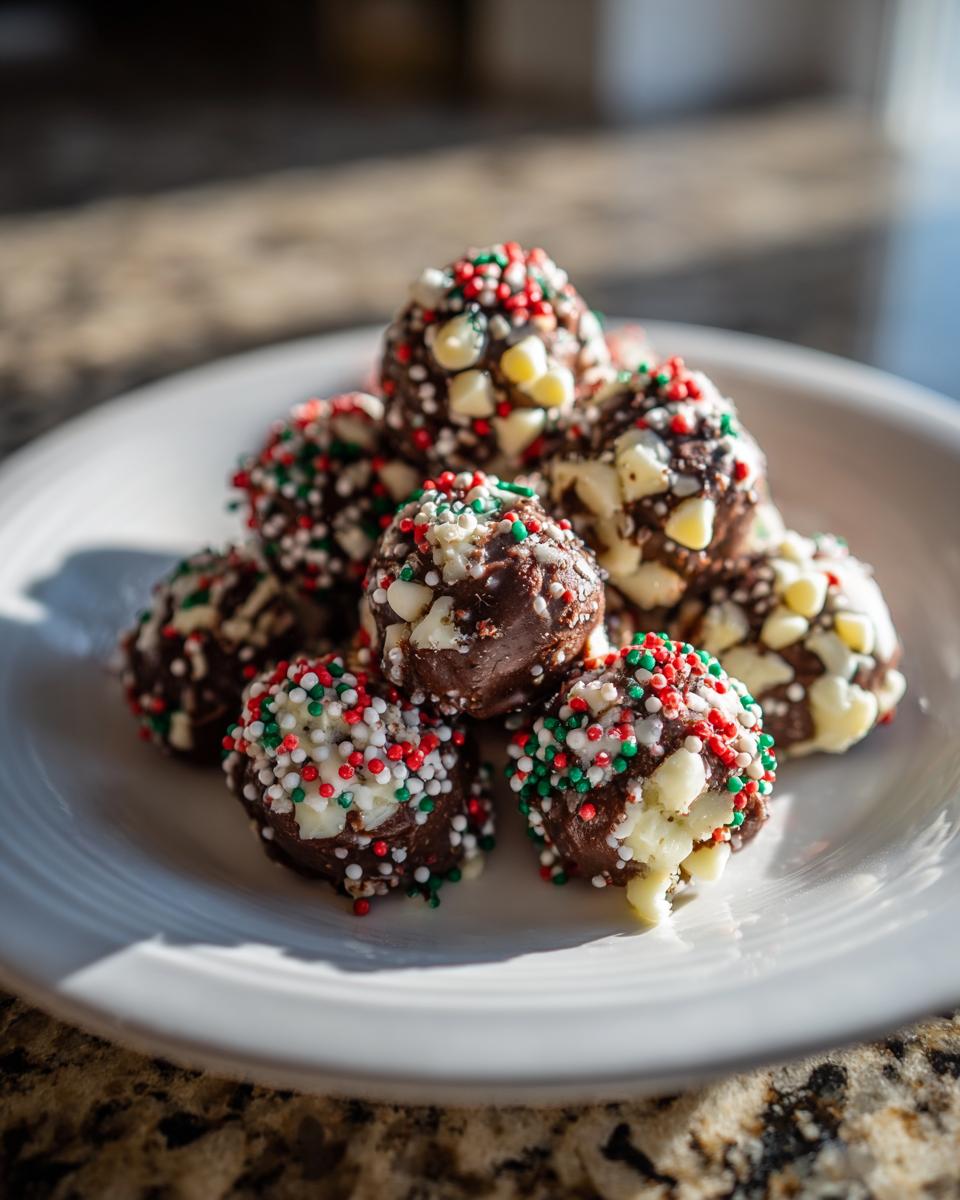 Pile of homemade Christmas Cookie Dough Truffles on a white plate, decorated with sprinkles and white chocolate chips.