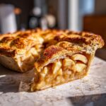 A slice of Classic Apple Pie with a flaky crust and juicy apple filling, sitting on a marble surface.