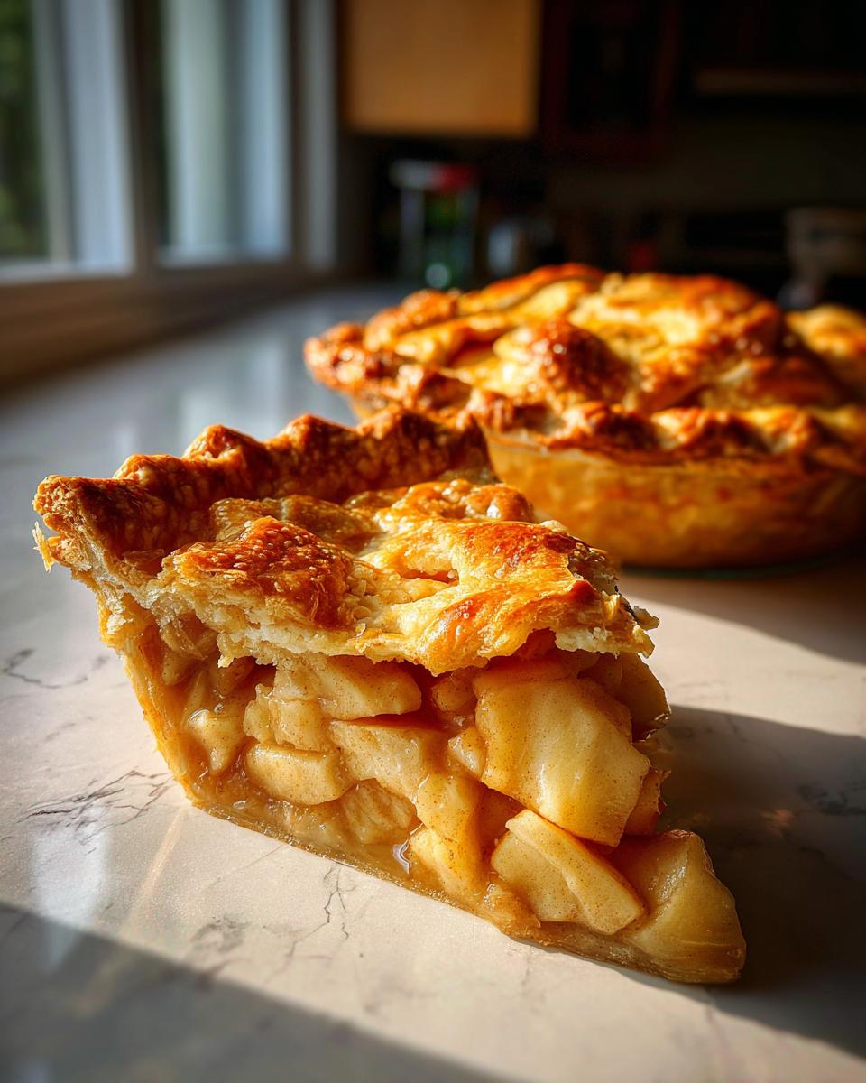 A slice of Classic Apple Pie with a golden crust and visible apple filling sits in front of a whole pie.