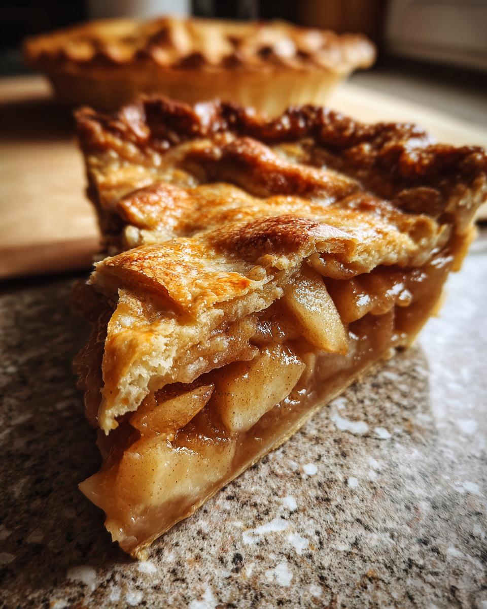 A delectable slice of Classic Apple Pie with a flaky, golden-brown crust and juicy apple filling.