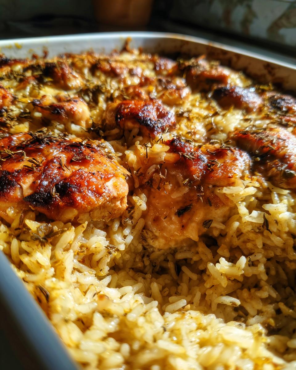 Close-up of Classic Chicken and Rice Bake in a baking dish, showing the chicken and rice texture.