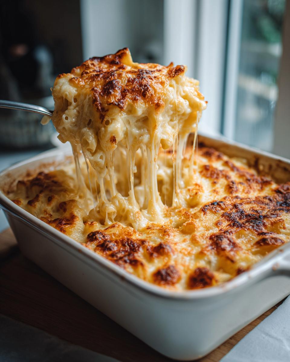 A spoonful of Classic Mac and Cheese being lifted from a baking dish, showing the cheesy, gooey texture.