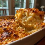 A spoonful of Classic Mac and Cheese is lifted from a baking dish, showing the cheesy, gooey texture.