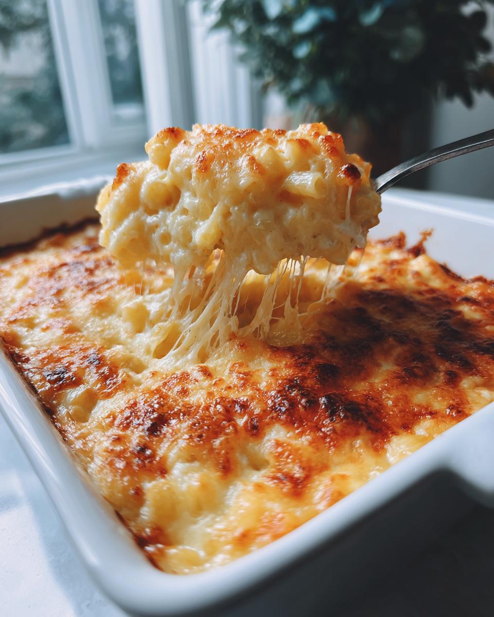 Spoonful of cheesy Classic Mac and Cheese being lifted from a baking dish, showing cheese pull.