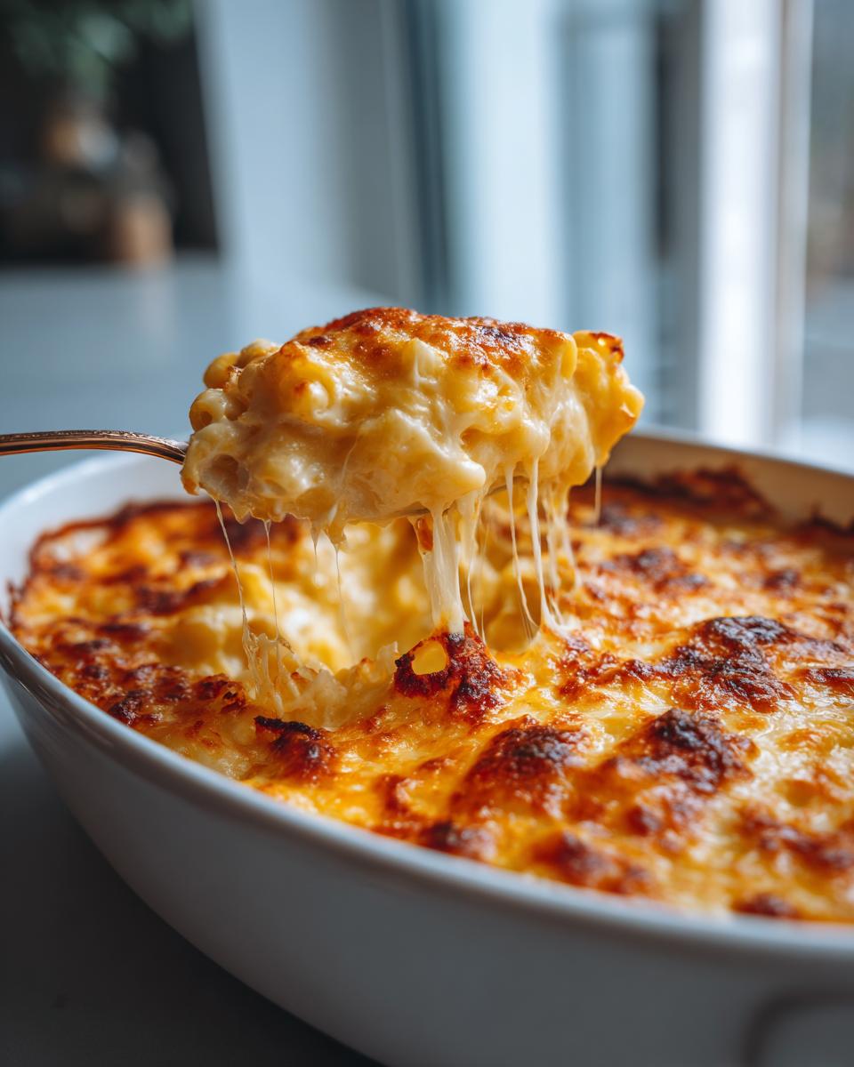 Spoon lifting a portion of cheesy Classic Mac and Cheese from a baking dish, showing cheese pull.