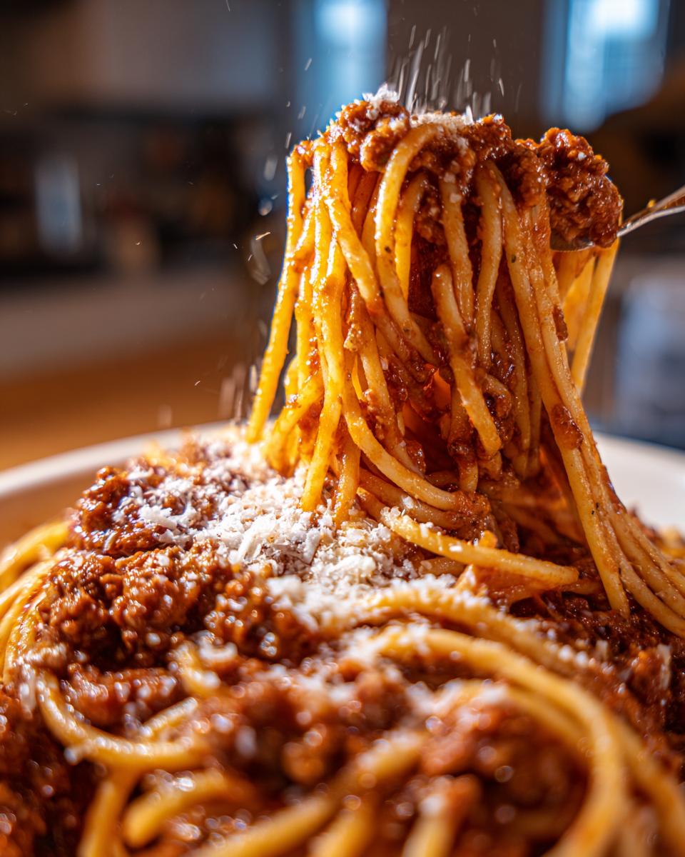 Close-up of Classic Spaghetti with Meat Sauce being topped with grated cheese, served on a white plate.