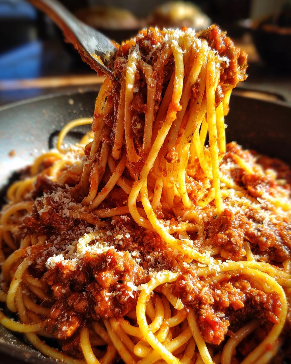 A fork lifting a portion of Classic Spaghetti with Meat Sauce, topped with grated cheese.