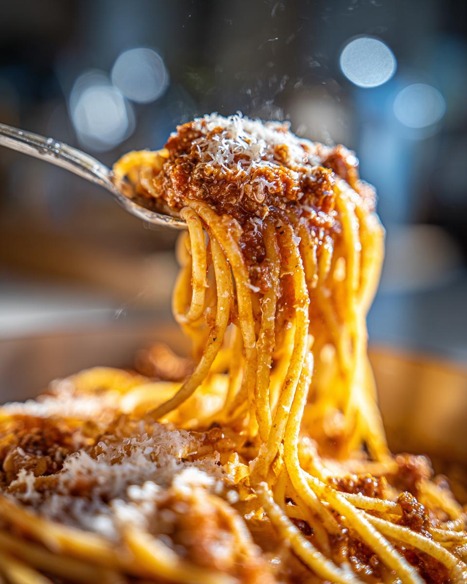 A forkful of steaming Classic Spaghetti with Meat Sauce, topped with grated cheese. Close-up shot.