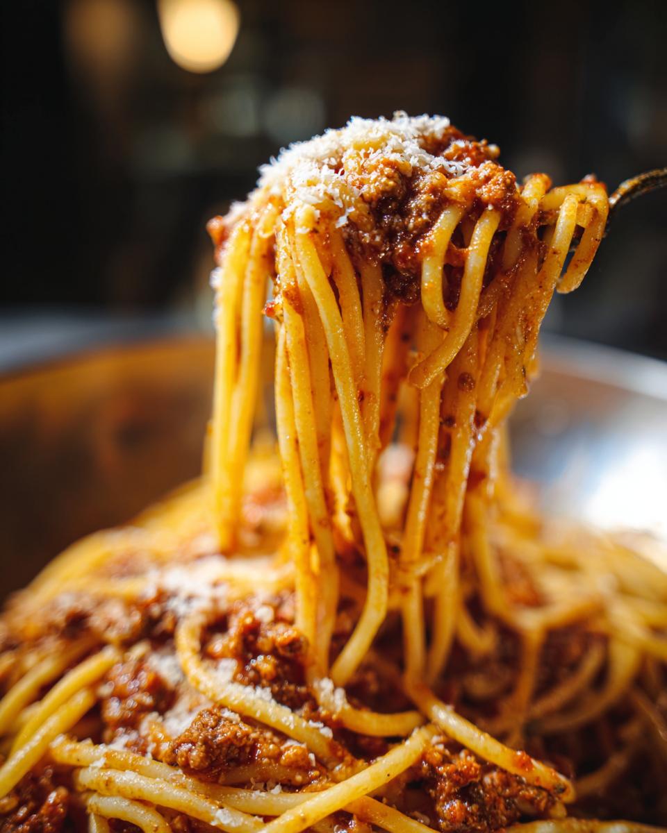 A forkful of Classic Spaghetti with Meat Sauce, topped with parmesan cheese, ready to be enjoyed.
