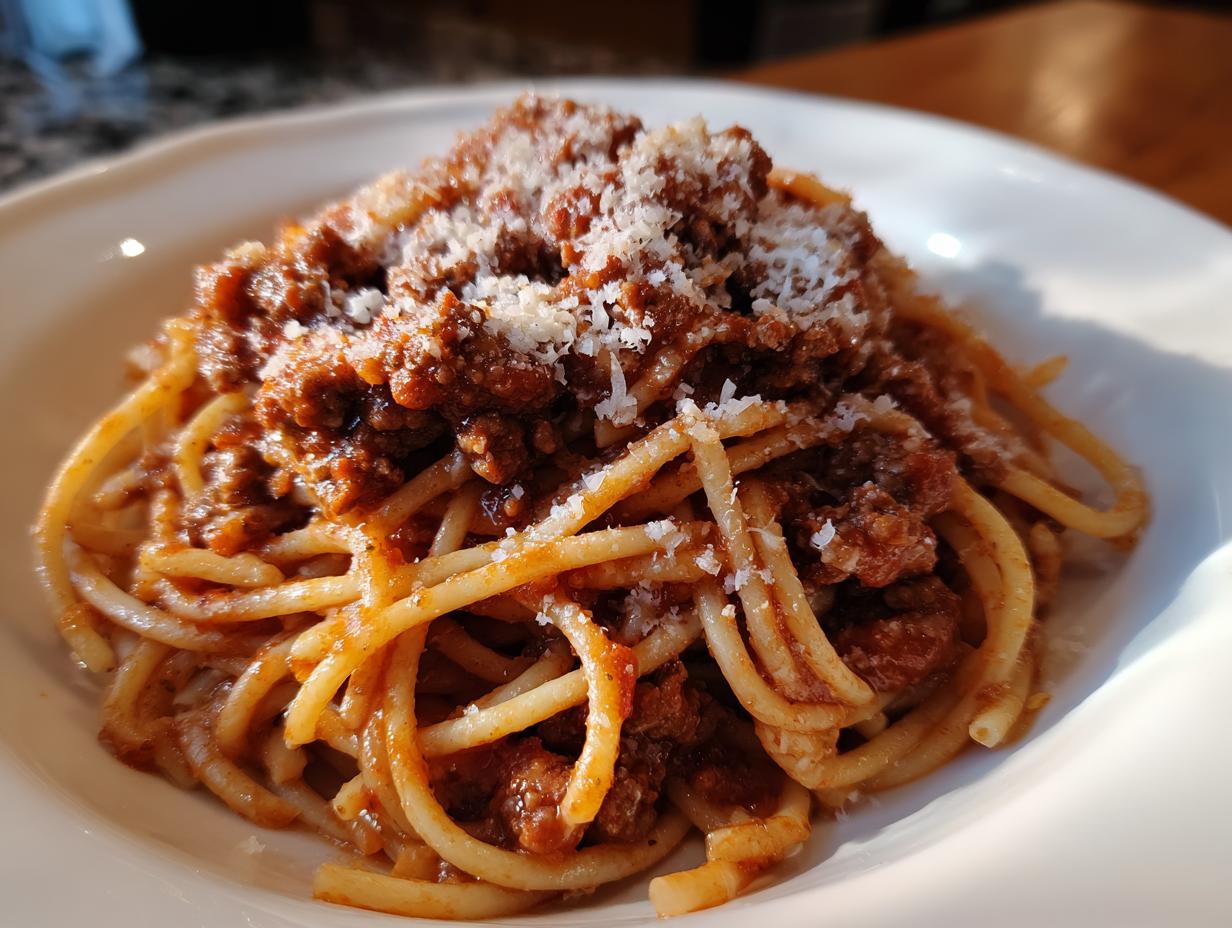 A plate of Classic Spaghetti with Meat Sauce, topped with grated cheese.