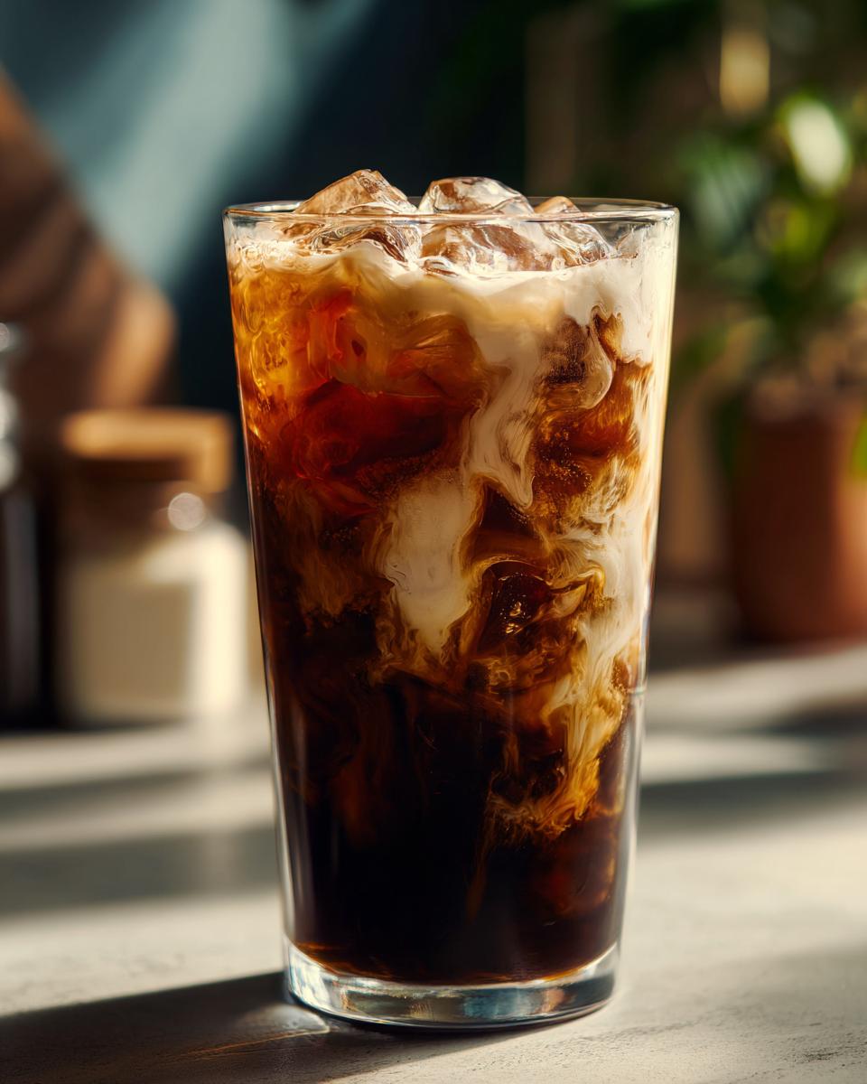 A refreshing glass of Cold Brew with Vanilla Sweet Cream, topped with ice and showing a beautiful swirl of cream.