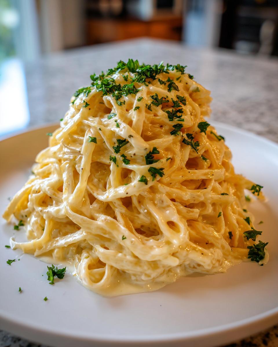 A plate of Creamy Alfredo Pasta Recipe, garnished with fresh parsley, ready to serve.