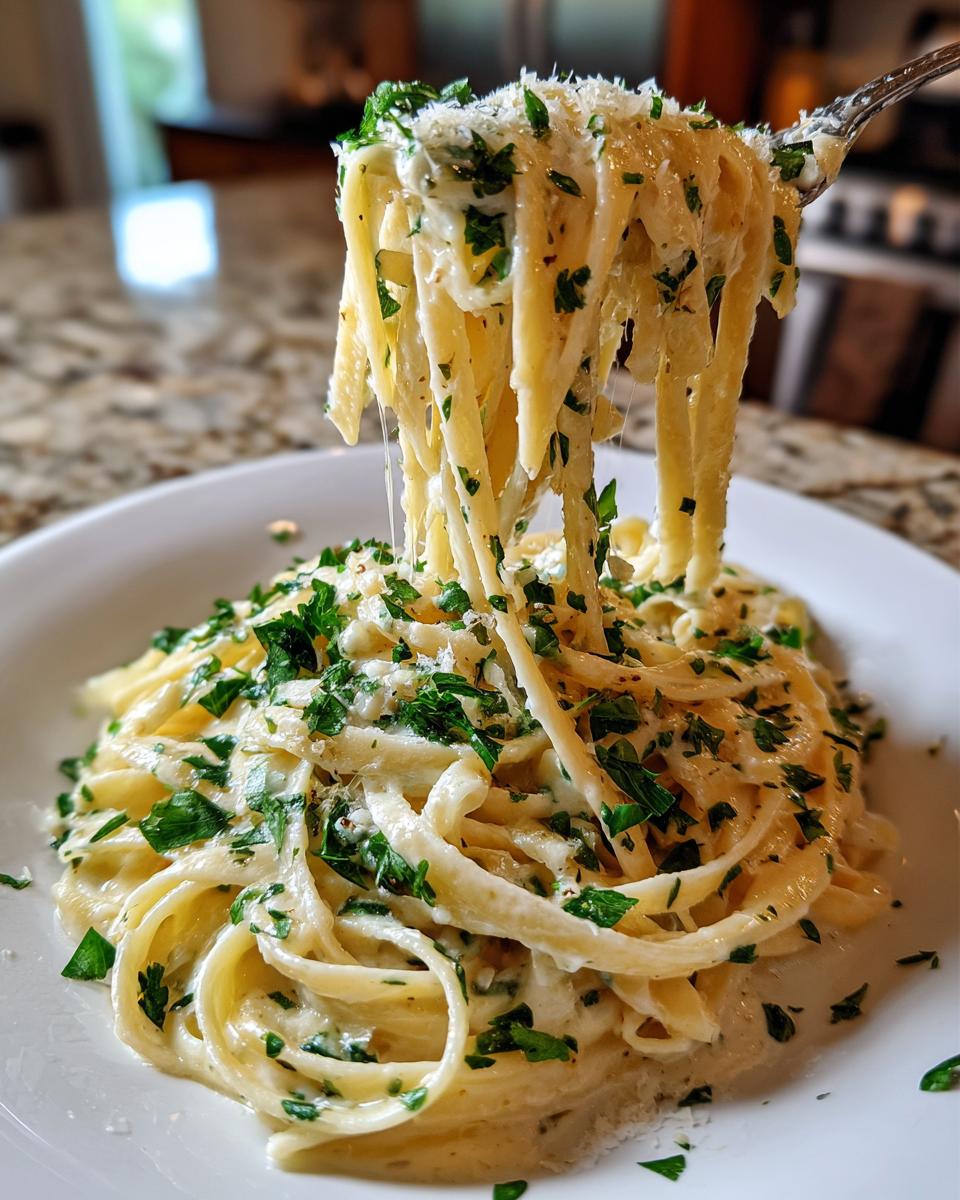 Close-up of Creamy Alfredo Pasta Recipe on a plate, garnished with parsley and parmesan cheese, with a fork lifting some pasta.