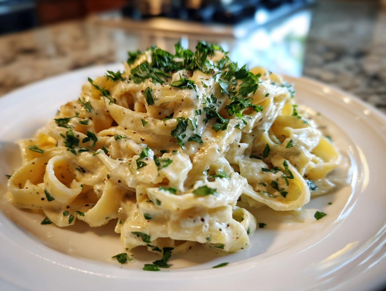 A plate of Creamy Alfredo Pasta Recipe, topped with fresh parsley, ready to be served.