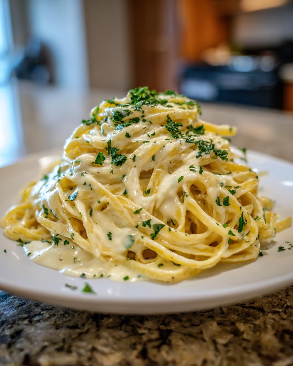 A plate of Creamy Alfredo Pasta Recipe, topped with fresh parsley, ready to eat.