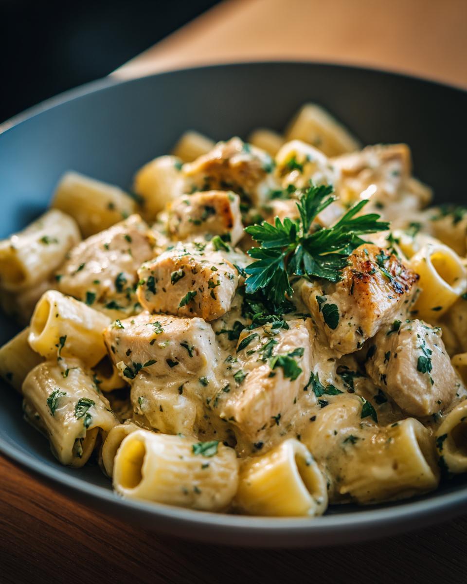 A bowl of Creamy Garlic Chicken Pasta with rigatoni, chicken pieces, creamy sauce, and parsley garnish.