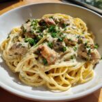 A bowl of Creamy Garlic Chicken Pasta, garnished with parsley, ready to be served.