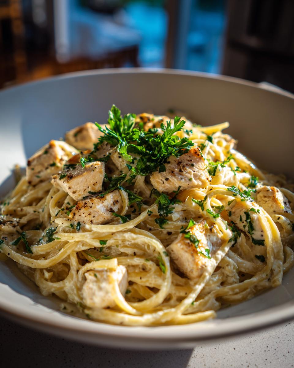 A bowl of Creamy Garlic Chicken Pasta, garnished with fresh parsley, ready to be served.