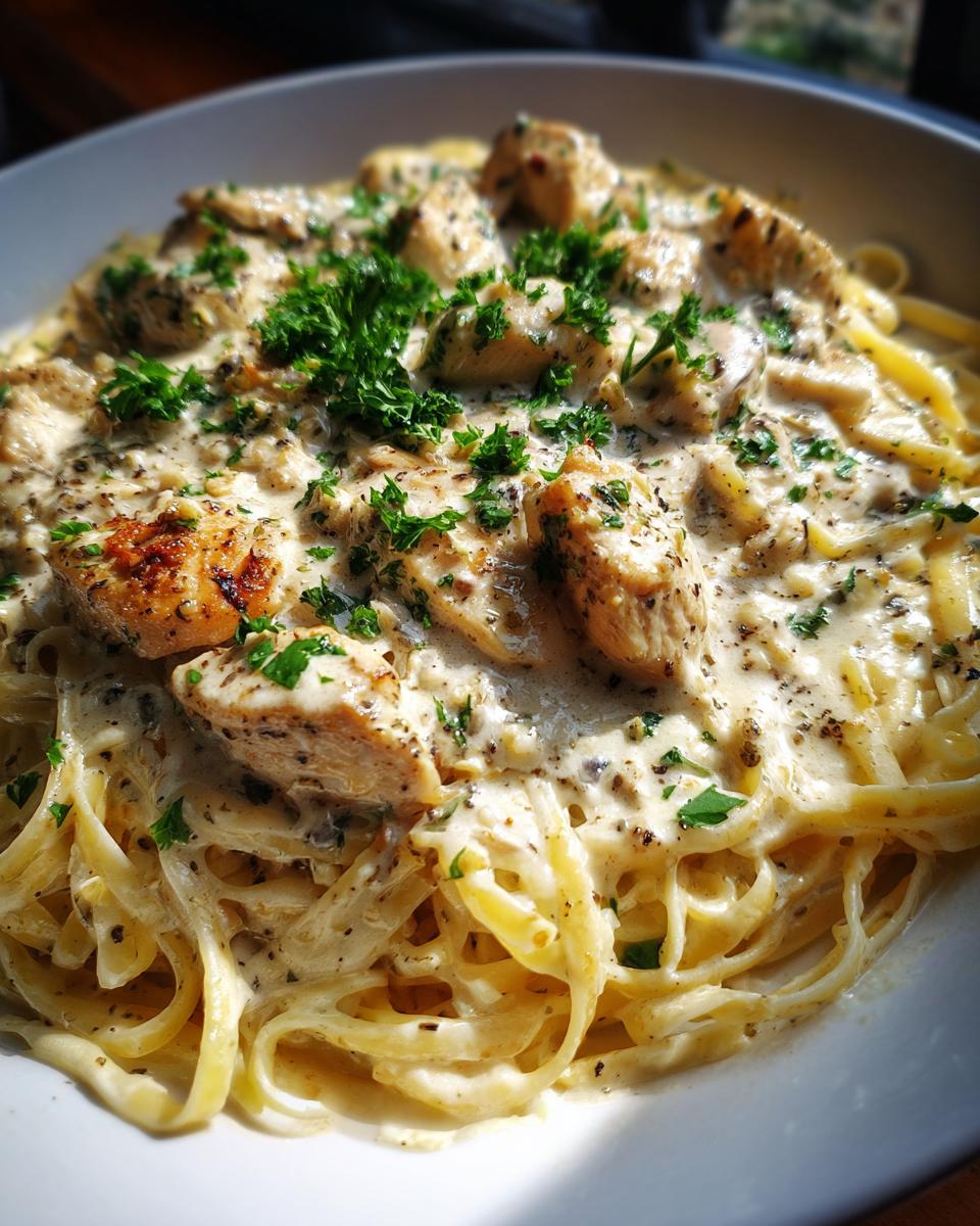 A bowl of Creamy Garlic Chicken Pasta, topped with fresh parsley.