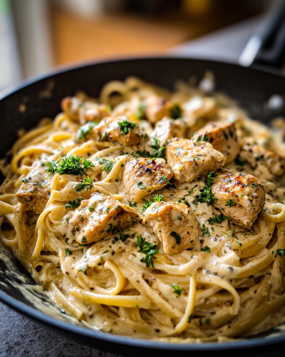 Close-up of Creamy Garlic Chicken Pasta in a pan, garnished with parsley.