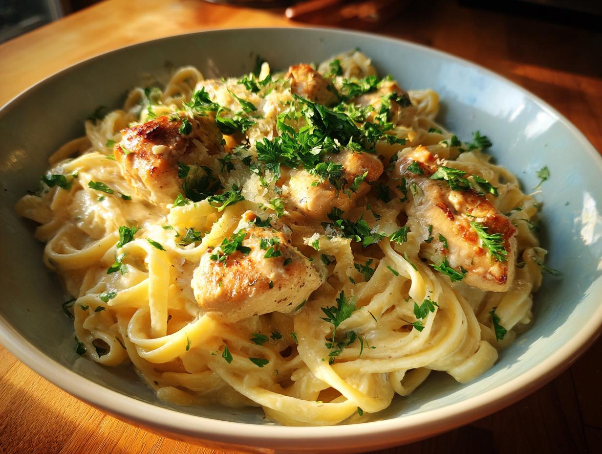 Bowl of Creamy Garlic Chicken Pasta with fettuccine, chicken, creamy sauce, and parsley.