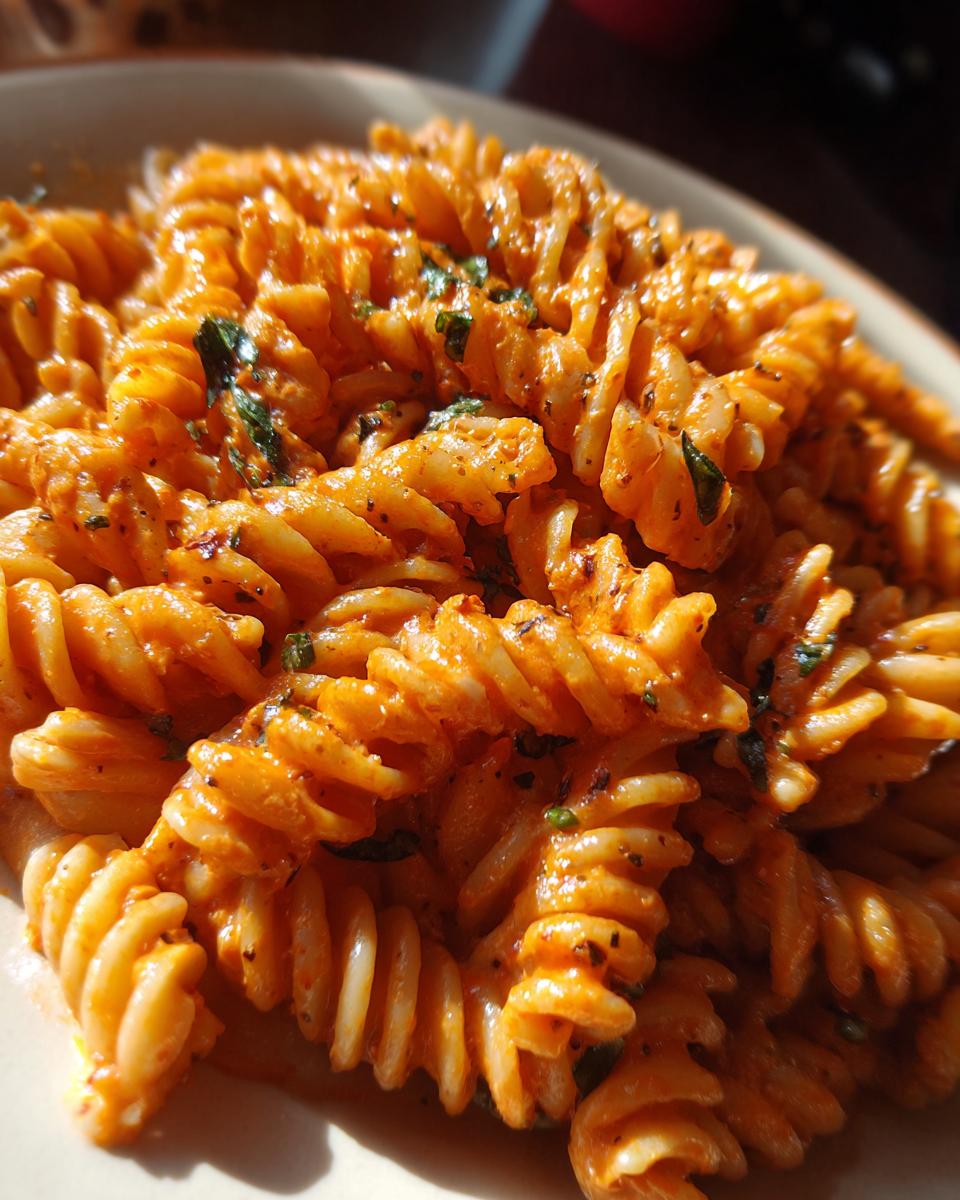 Close-up of Creamy Tomato Basil Pasta, featuring spiral pasta coated in a rich tomato sauce and garnished with fresh basil.